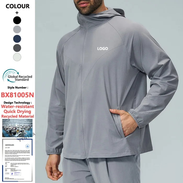 Custom Quick Dry Waterbestendige Volledige Rits Lange Mouwen Actieve Sport Top Heren Workout Hiking Running Reizen Golf Hoodie Jack Wearduffled.com