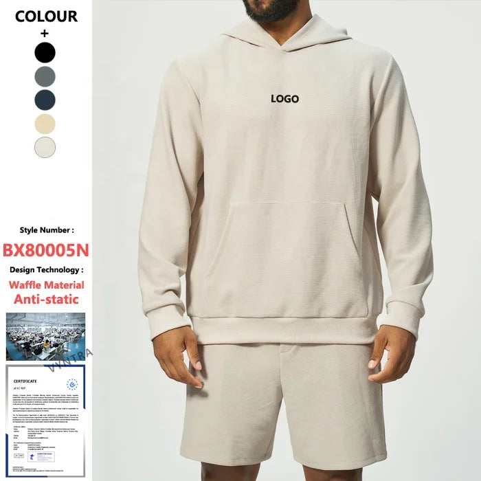 Custom Waffle Antistatische Lange Mouwen Tops Heren Workout Running Gym Training Sportkleding Hoodie Sweatshirt Met Kangoeroe Zak Wearduffled.com