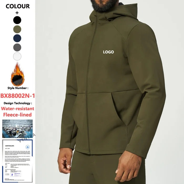 Waterdichte fleece gevoerde full-zip lange mouwen actieve sportjas voor heren, geschikt voor workout, reizen, golf en outdoor activiteiten, met capuchon. Wearduffled.com